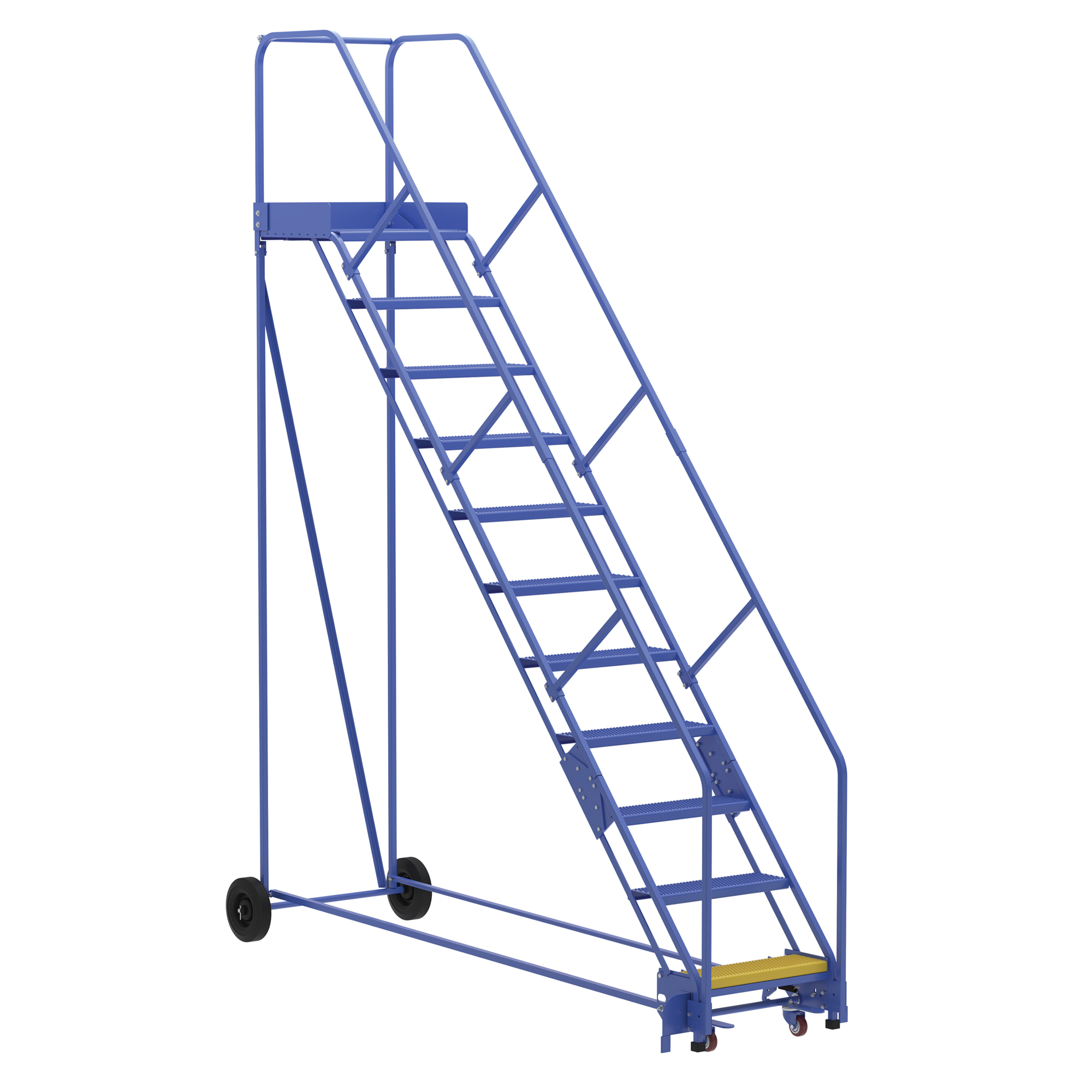 Vestil Steel Rolling Warehouse Ladder — 11 Steps, 50° Slope, 23-9/16in. Step Width, 350-Lb. Capacity, Perforated Tread, Blue, Model# LAD-11-21-P-EZ